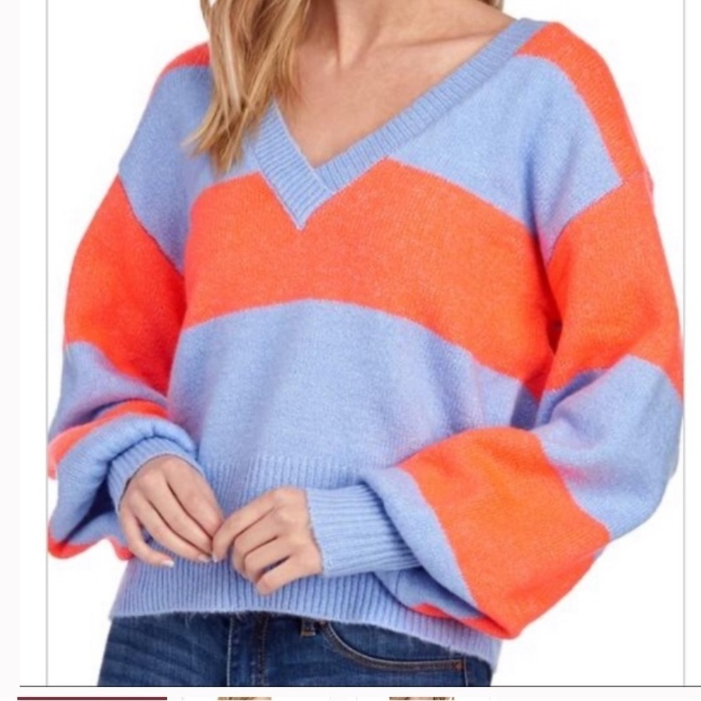 JUNE & HUDSON Neon Stripe V-Neck Sweater